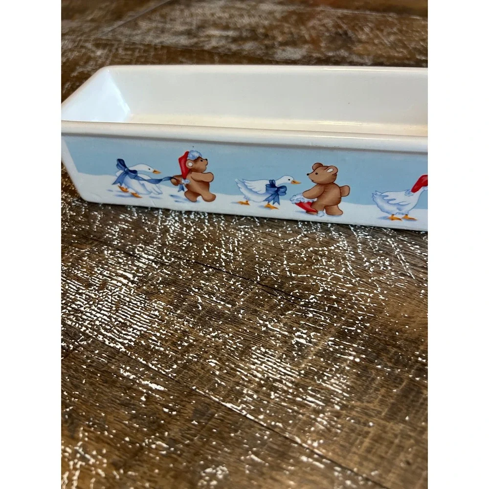 Vintage 1988 House of Lloyd Teddy Bear and Goose Winter Rectangular cracker Dish